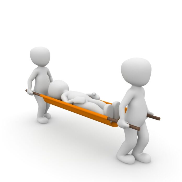 A cartoon image of two humans lifting another human on a stretcher